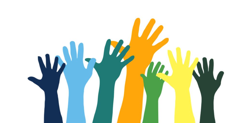 multiple arms raised in different colours