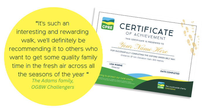 An image of the certificate, with a quote from the Adams family: "It's such an interesting and rewarding walk, we'll definitely be recommending it to others who want to get some quality family time in the fresh air across all the seasons of the year"