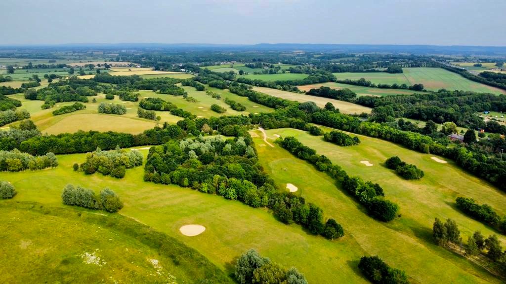 aerial view of Waterstock golf course, set amongst the verdant Oxfordshire countryside